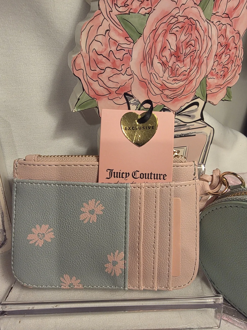 Juicy Couture Floral Zip Card Case & Daisy Coin Purse - Pastel Pink & Mint